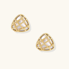 Pair of triangular gold-plated earrings with rope-textured lattice pattern on cream background, dimensional stud design
